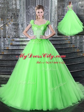 Straps With Train Lace Up 15 Quinceanera Dress for Military Ball and Sweet 16 and Quinceanera with Beading and Appliques Brush Train