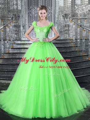 Straps With Train Lace Up 15 Quinceanera Dress for Military Ball and Sweet 16 and Quinceanera with Beading and Appliques Brush Train