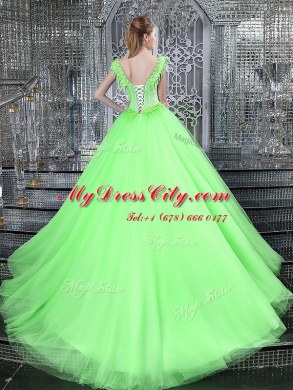 Straps With Train Lace Up 15 Quinceanera Dress for Military Ball and Sweet 16 and Quinceanera with Beading and Appliques Brush Train