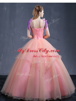 Watermelon Red Lace Up Quinceanera Gown Appliques Sleeveless Floor Length