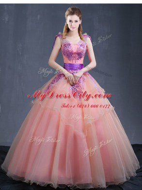 Watermelon Red Lace Up Quinceanera Gown Appliques Sleeveless Floor Length