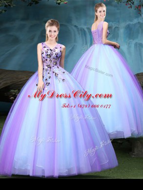 Sweet V-neck Sleeveless Lace Up Quince Ball Gowns Blue and Lilac Tulle
