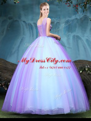 Sweet V-neck Sleeveless Lace Up Quince Ball Gowns Blue and Lilac Tulle