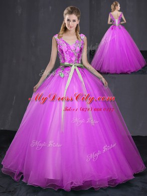 Fuchsia V-neck Neckline Appliques and Belt Sweet 16 Dress Sleeveless Lace Up