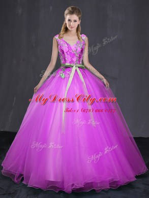 Fuchsia V-neck Neckline Appliques and Belt Sweet 16 Dress Sleeveless Lace Up