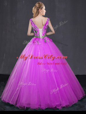 Fuchsia V-neck Neckline Appliques and Belt Sweet 16 Dress Sleeveless Lace Up