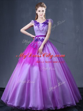 Floor Length Lavender Ball Gown Prom Dress V-neck Short Sleeves Lace Up