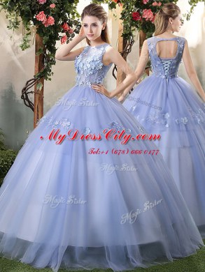 Vintage Tulle Bateau Sleeveless Lace Up Appliques Quinceanera Dress in Lavender