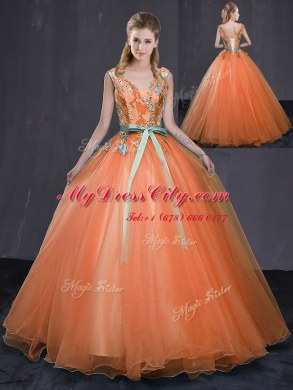 Free and Easy Orange Lace Up V-neck Beading and Belt Ball Gown Prom Dress Tulle Sleeveless