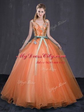 Free and Easy Orange Lace Up V-neck Beading and Belt Ball Gown Prom Dress Tulle Sleeveless