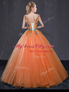 Free and Easy Orange Lace Up V-neck Beading and Belt Ball Gown Prom Dress Tulle Sleeveless