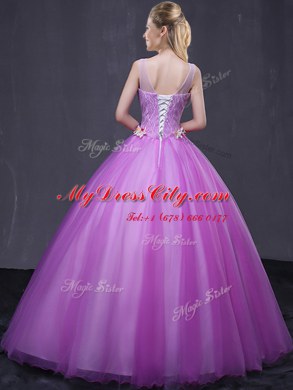 Flirting Scoop Sleeveless Tulle Floor Length Lace Up Quinceanera Gowns in Lilac with Beading and Appliques