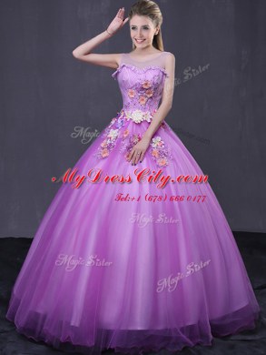 Flirting Scoop Sleeveless Tulle Floor Length Lace Up Quinceanera Gowns in Lilac with Beading and Appliques