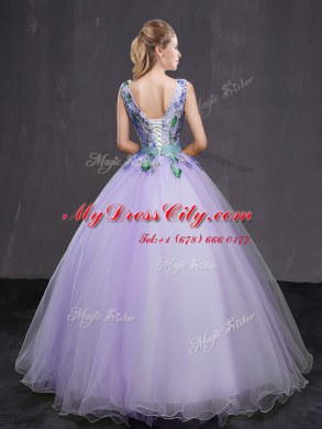 Tulle V-neck Sleeveless Lace Up Beading and Belt Vestidos de Quinceanera in Lavender