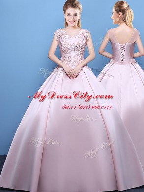 Scoop Floor Length Ball Gowns Cap Sleeves Pink Sweet 16 Dress Lace Up