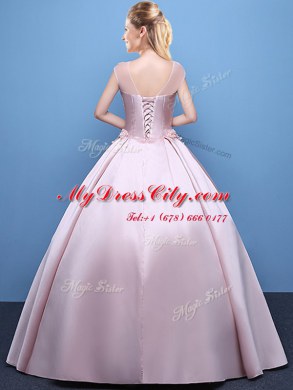 Scoop Floor Length Ball Gowns Cap Sleeves Pink Sweet 16 Dress Lace Up