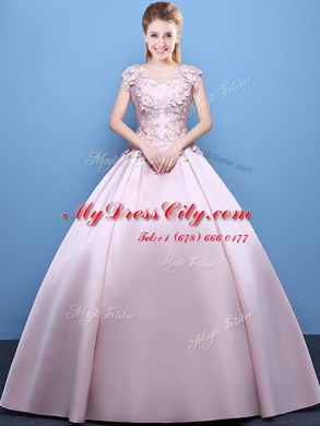 Scoop Floor Length Ball Gowns Cap Sleeves Pink Sweet 16 Dress Lace Up