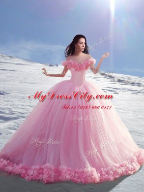 Off the Shoulder Tulle Cap Sleeves Sweet 16 Quinceanera Dress Court Train and Hand Made Flower