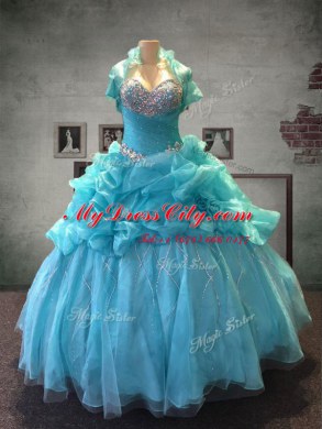 Aqua Blue Sweetheart Lace Up Beading and Pick Ups Quinceanera Gown Sleeveless