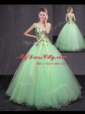 Trendy Sleeveless Tulle Floor Length Lace Up Ball Gown Prom Dress in Apple Green with Appliques and Belt