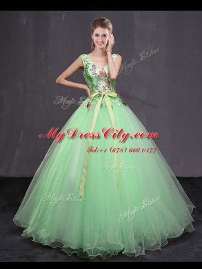 Trendy Sleeveless Tulle Floor Length Lace Up Ball Gown Prom Dress in Apple Green with Appliques and Belt