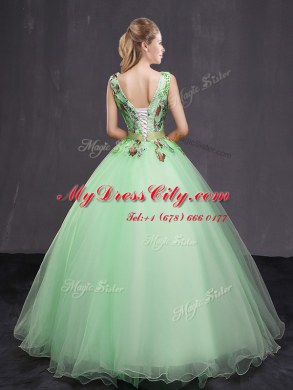 Trendy Sleeveless Tulle Floor Length Lace Up Ball Gown Prom Dress in Apple Green with Appliques and Belt