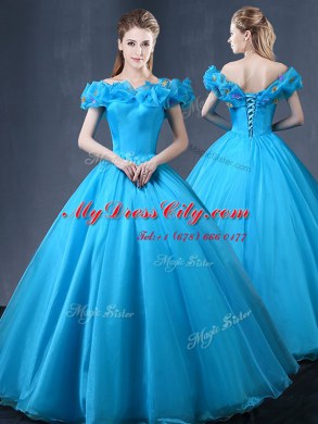 Sumptuous Off the Shoulder Cap Sleeves Floor Length Lace Up 15th Birthday Dress Baby Blue for Military Ball and Sweet 16 and Quinceanera with Appliques