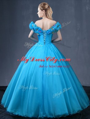 Sumptuous Off the Shoulder Cap Sleeves Floor Length Lace Up 15th Birthday Dress Baby Blue for Military Ball and Sweet 16 and Quinceanera with Appliques