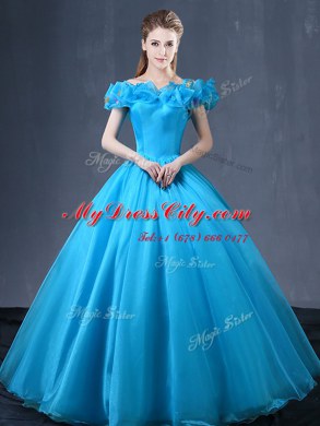 Sumptuous Off the Shoulder Cap Sleeves Floor Length Lace Up 15th Birthday Dress Baby Blue for Military Ball and Sweet 16 and Quinceanera with Appliques