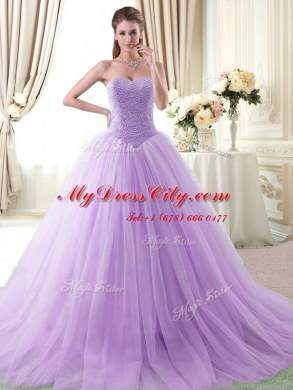 Flare Lavender Lace Up Quince Ball Gowns Beading Sleeveless Floor Length