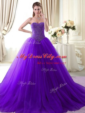 Flare Lavender Lace Up Quince Ball Gowns Beading Sleeveless Floor Length