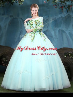 Fantastic Aqua Blue Scoop Lace Up Appliques Sweet 16 Quinceanera Dress Long Sleeves