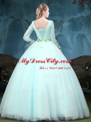 Fantastic Aqua Blue Scoop Lace Up Appliques Sweet 16 Quinceanera Dress Long Sleeves