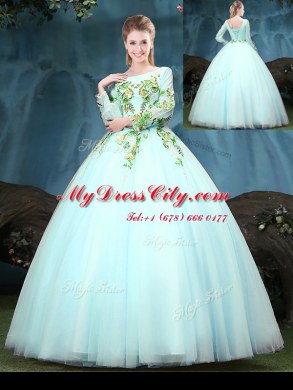 Fantastic Aqua Blue Scoop Lace Up Appliques Sweet 16 Quinceanera Dress Long Sleeves