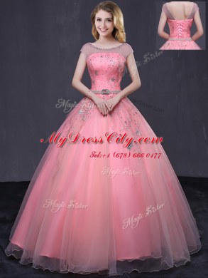 Dazzling Scoop Watermelon Red Tulle Lace Up Sweet 16 Quinceanera Dress Cap Sleeves Floor Length Beading and Belt