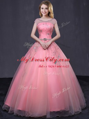 Dazzling Scoop Watermelon Red Tulle Lace Up Sweet 16 Quinceanera Dress Cap Sleeves Floor Length Beading and Belt