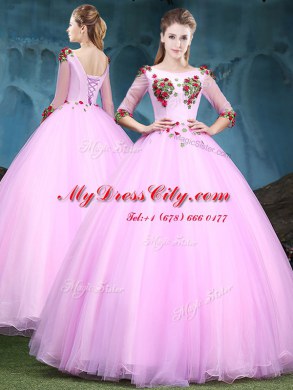 Scoop Baby Pink Lace Up Sweet 16 Quinceanera Dress Appliques Half Sleeves Floor Length