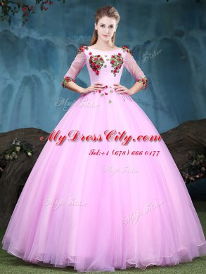 Scoop Baby Pink Lace Up Sweet 16 Quinceanera Dress Appliques Half Sleeves Floor Length