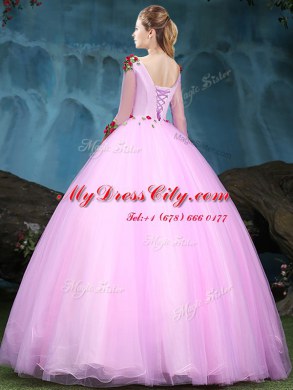Scoop Baby Pink Lace Up Sweet 16 Quinceanera Dress Appliques Half Sleeves Floor Length