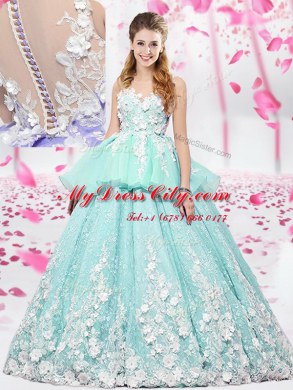 Apple Green Organza and Tulle Lace Up Scoop Sleeveless Floor Length Sweet 16 Quinceanera Dress Lace and Appliques