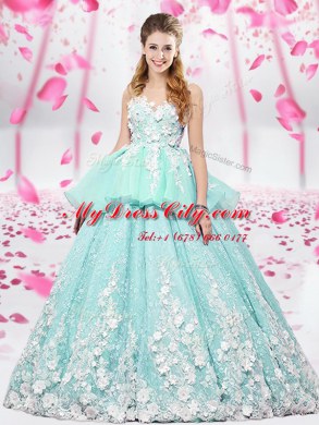 Apple Green Organza and Tulle Lace Up Scoop Sleeveless Floor Length Sweet 16 Quinceanera Dress Lace and Appliques