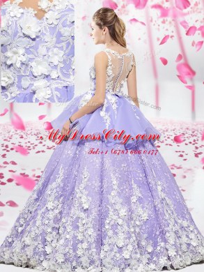Apple Green Organza and Tulle Lace Up Scoop Sleeveless Floor Length Sweet 16 Quinceanera Dress Lace and Appliques
