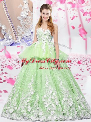 Scoop Lace and Appliques Quinceanera Dress Yellow Green Lace Up Sleeveless Floor Length