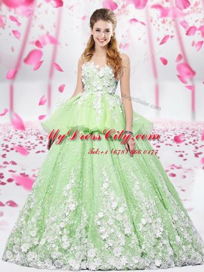 Scoop Lace and Appliques Quinceanera Dress Yellow Green Lace Up Sleeveless Floor Length