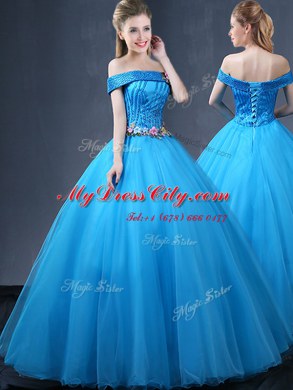 Baby Blue Ball Gowns Off The Shoulder Sleeveless Tulle Floor Length Lace Up Beading and Appliques Ball Gown Prom Dress