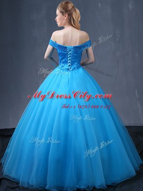 Baby Blue Ball Gowns Off The Shoulder Sleeveless Tulle Floor Length Lace Up Beading and Appliques Ball Gown Prom Dress