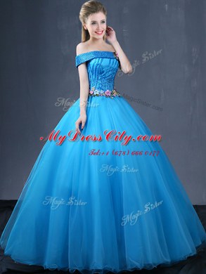 Baby Blue Ball Gowns Off The Shoulder Sleeveless Tulle Floor Length Lace Up Beading and Appliques Ball Gown Prom Dress