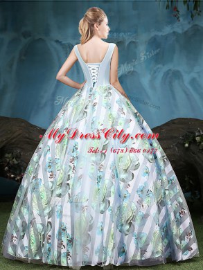 Straps Multi-color Sleeveless Floor Length Appliques and Pattern Lace Up Quinceanera Gowns