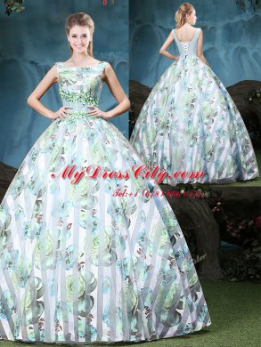 Straps Multi-color Sleeveless Floor Length Appliques and Pattern Lace Up Quinceanera Gowns