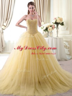 Gold Tulle Lace Up Quinceanera Dresses Sleeveless Floor Length Beading